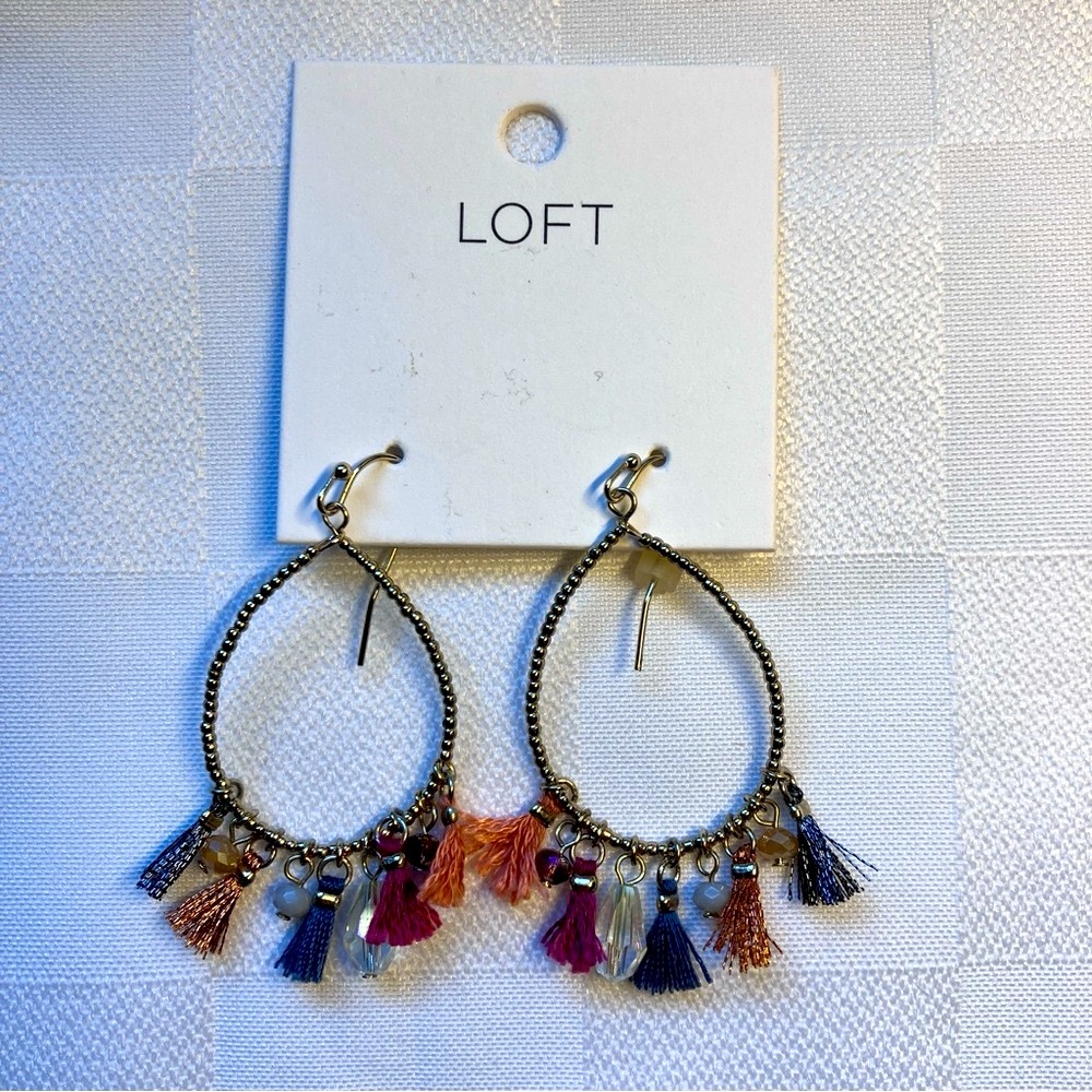 LOFT Gold Teardrop Pierced Earrings with Beads Tassels